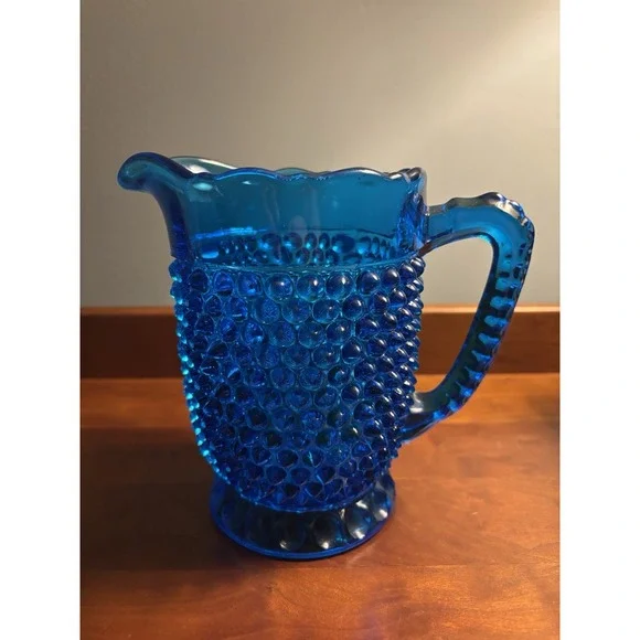 Antique EAPG Doyle & Co. Deep Blue Hobnail Glass 6.5 Tall Water Pitcher c. 1880s Drinkware